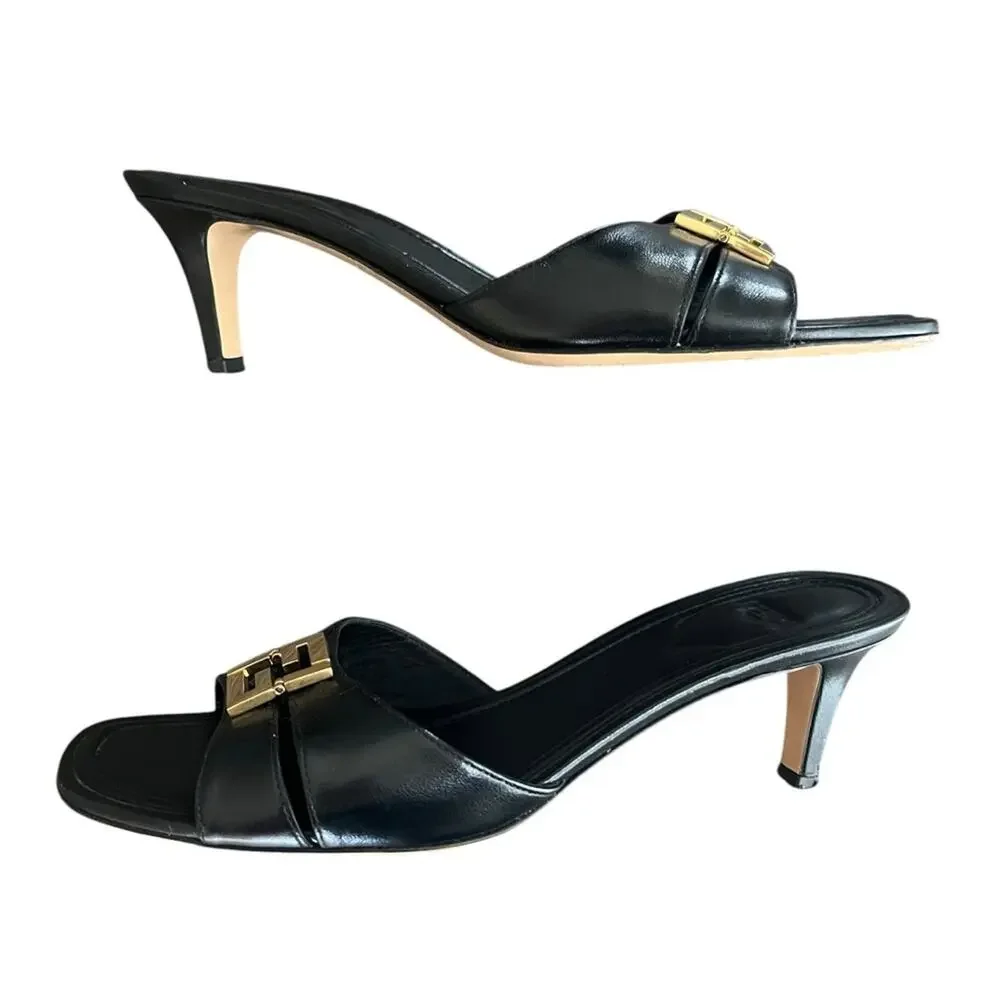 Fendi Women’s Ffold Square Toe Black Leather Gold Hardware Kitten Heel Sandals - Picture 7 of 13